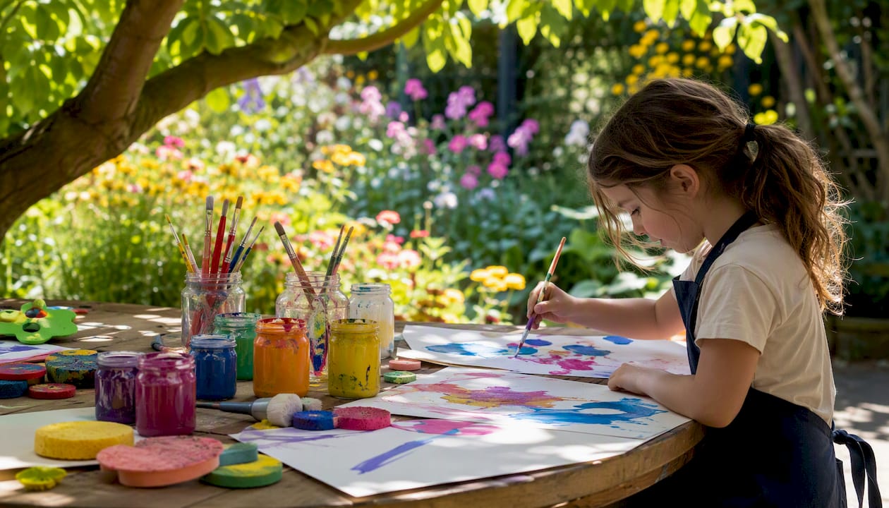 Organized children’s art area with paints and tools
