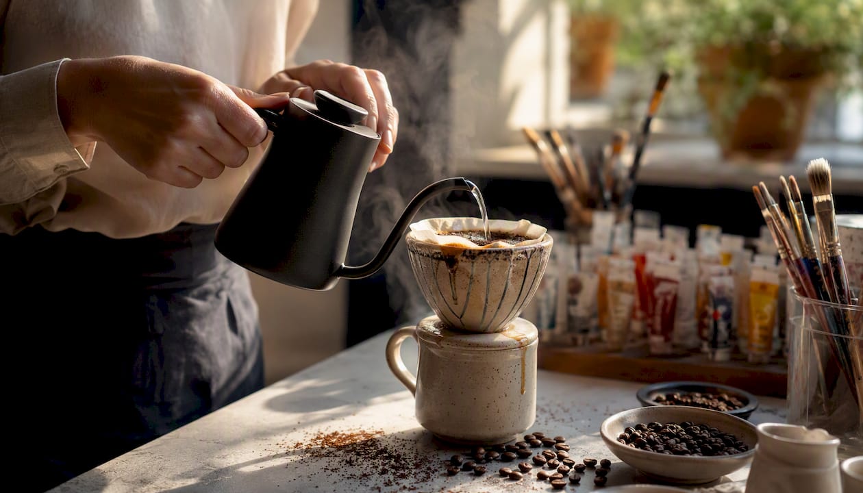 Hands pouring water over coffee grounds