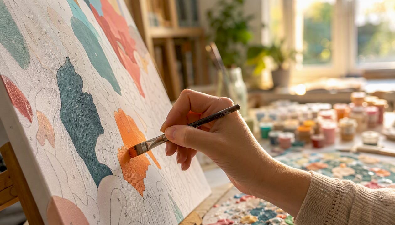 Hand painting with medium round brush on acrylic canvas