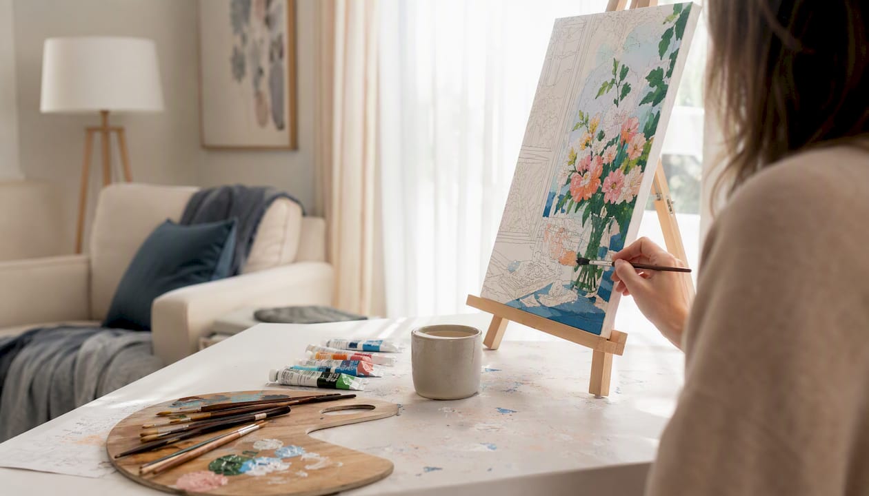 Neatly arranged home painting space with brushes and palette
