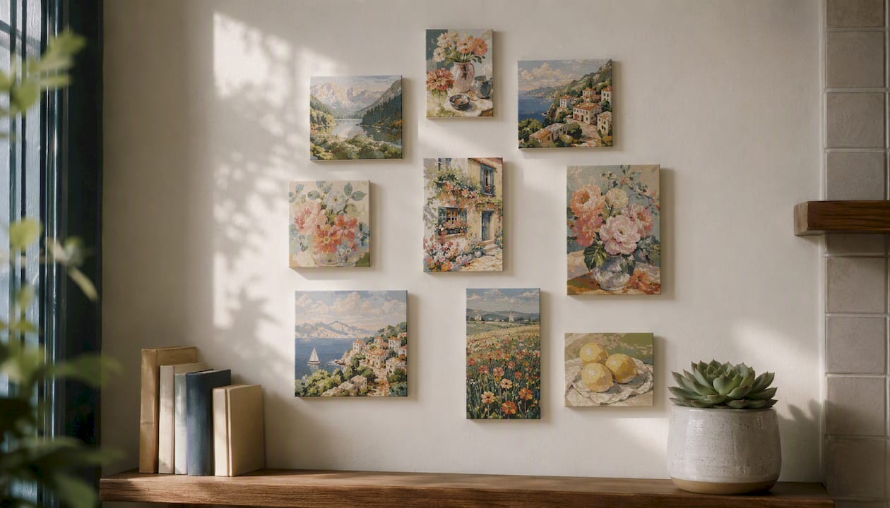 Coherent cluster of small paint-by-number canvases hung on wall