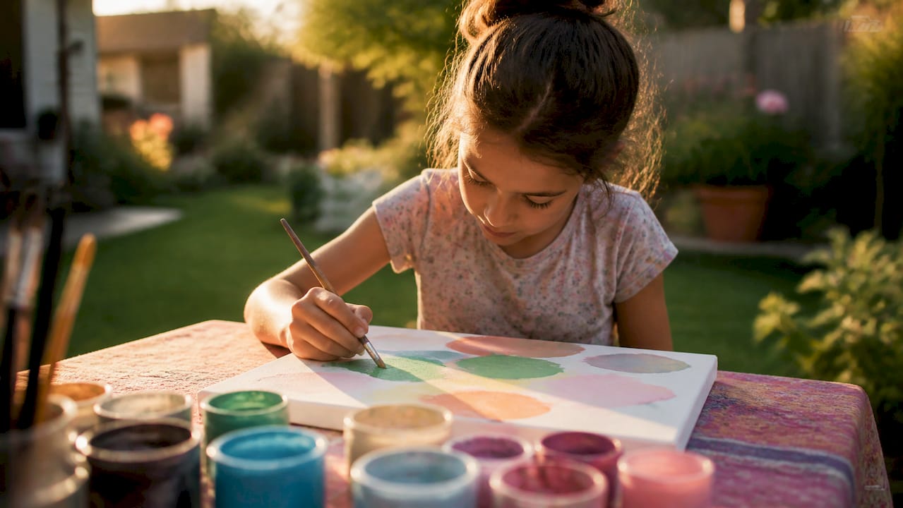 Child painting fine brush strokes on canvas