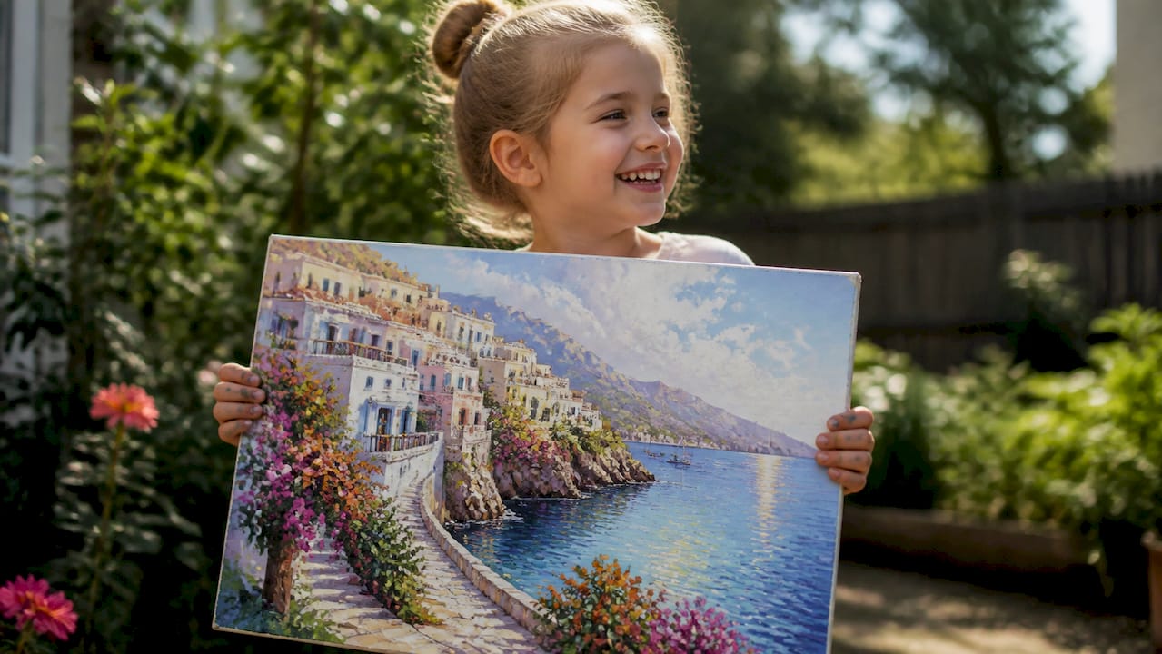 Child showing finished paint by numbers artwork