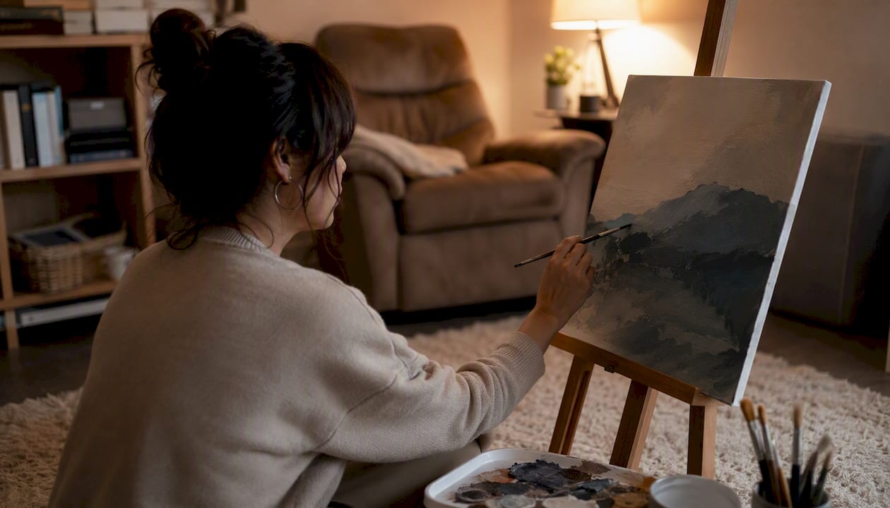 Hands painting on canvas in relaxed evening session