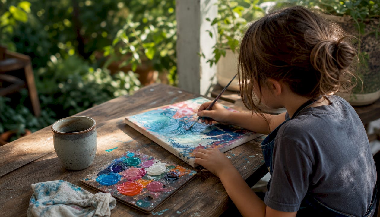 Child painting with brush exploring colors