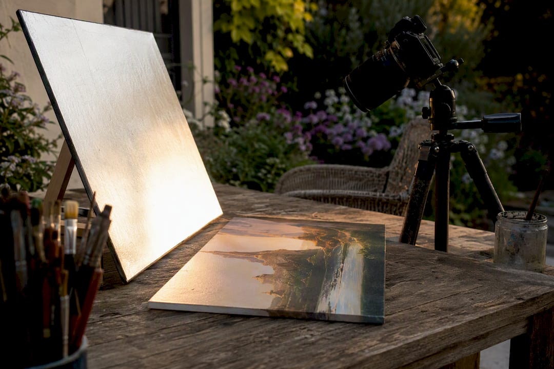 Home art photography setup with foam board reflector and camera