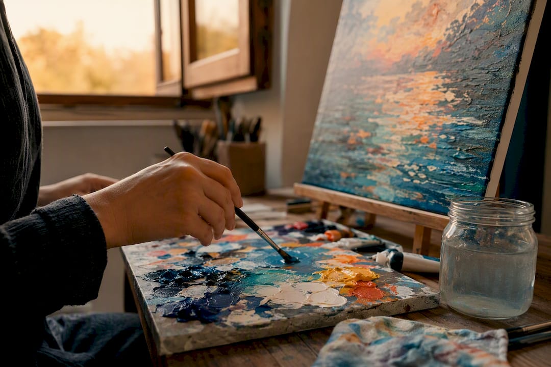 Hands mixing paint near canvas