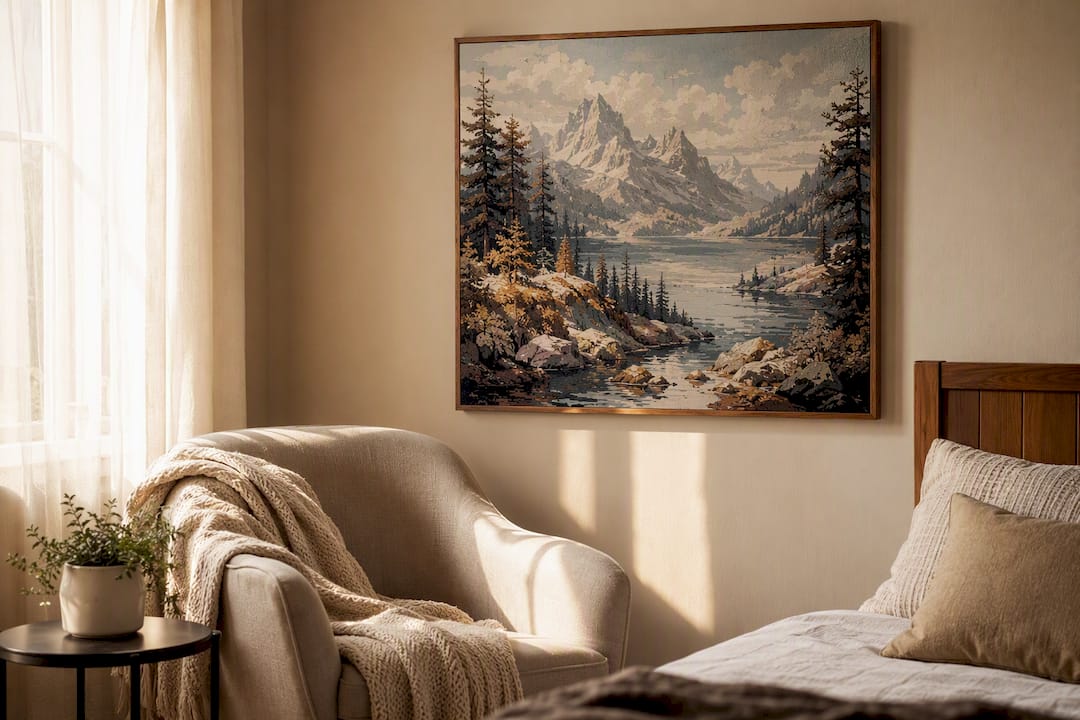 Minimalist room with focal custom paint-by-numbers art
