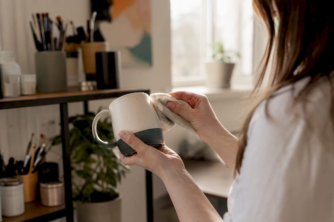 Hands cleaning personalized ceramic mug showing care