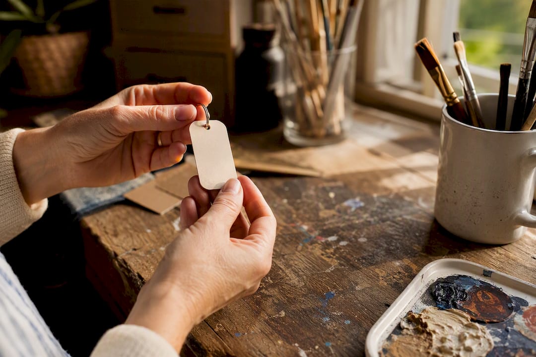 Hands inspecting font size on personalized keyring tag