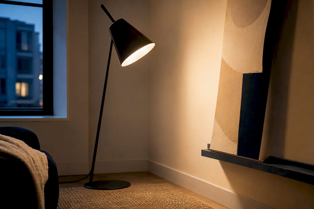 Floor lamp illuminating leaning wall art