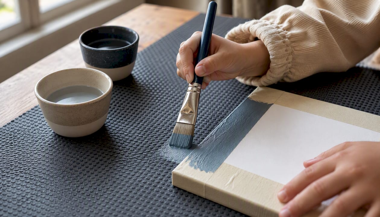 Adapted craft tools beside tactile canvas border