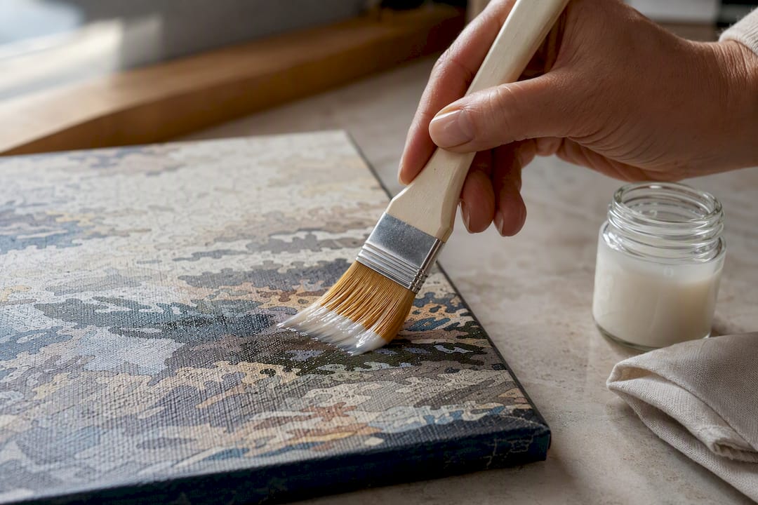 Hand applying varnish to painted canvas