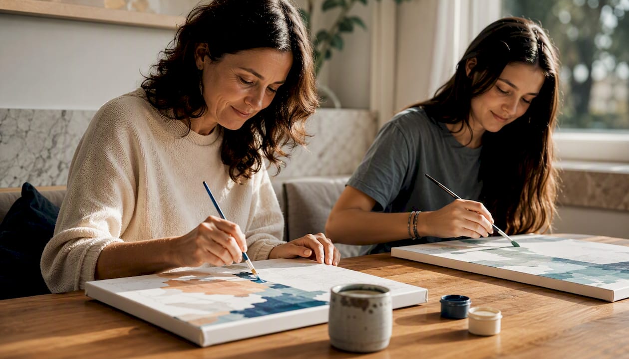 Parent and teen painting side by side