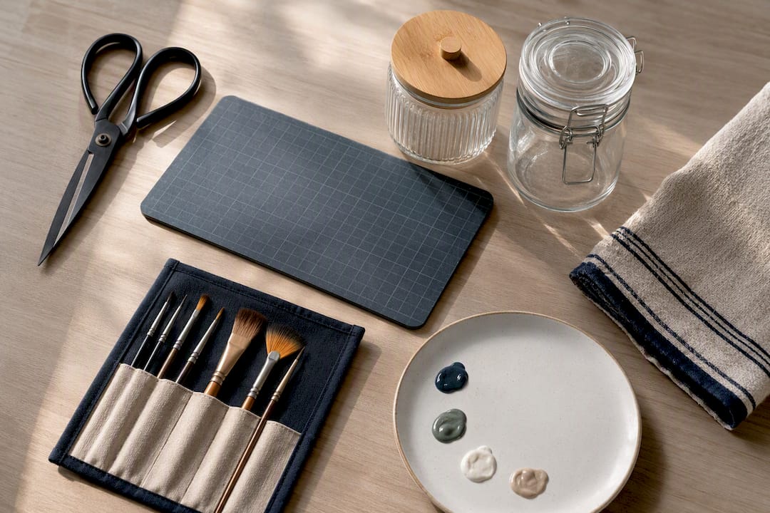 Basic tools arranged for beginner crafts
