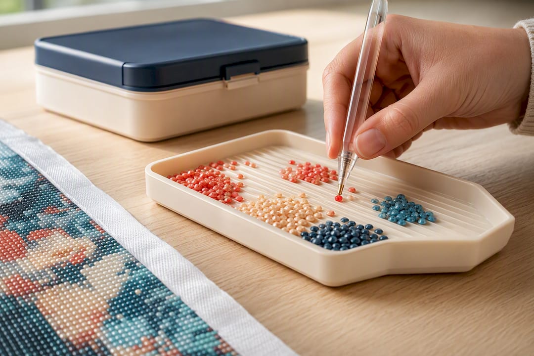 Hands sorting colorful diamond painting drills
