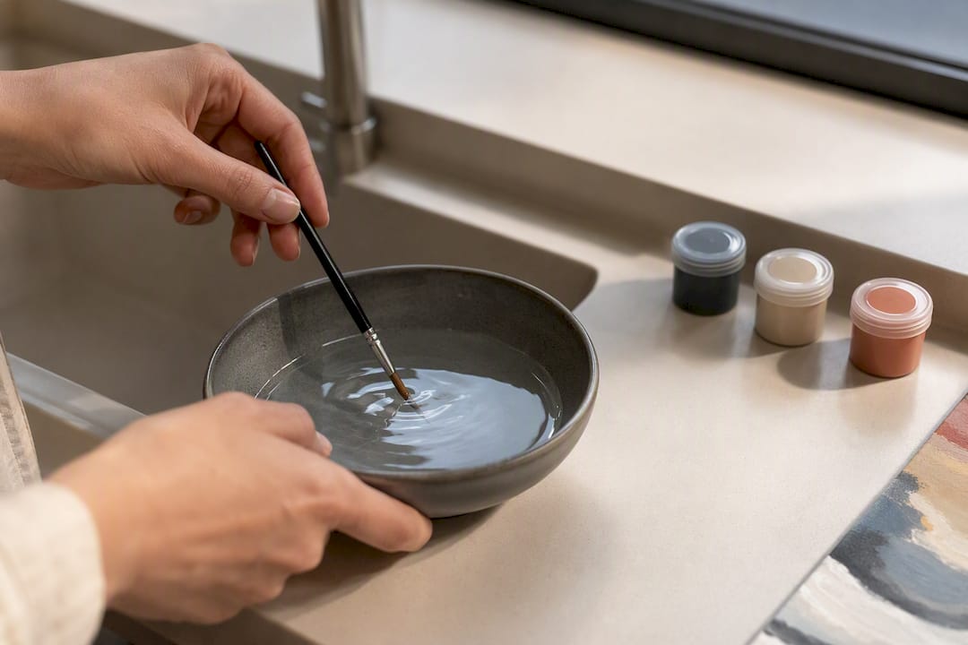 Hands rinsing a detail paintbrush