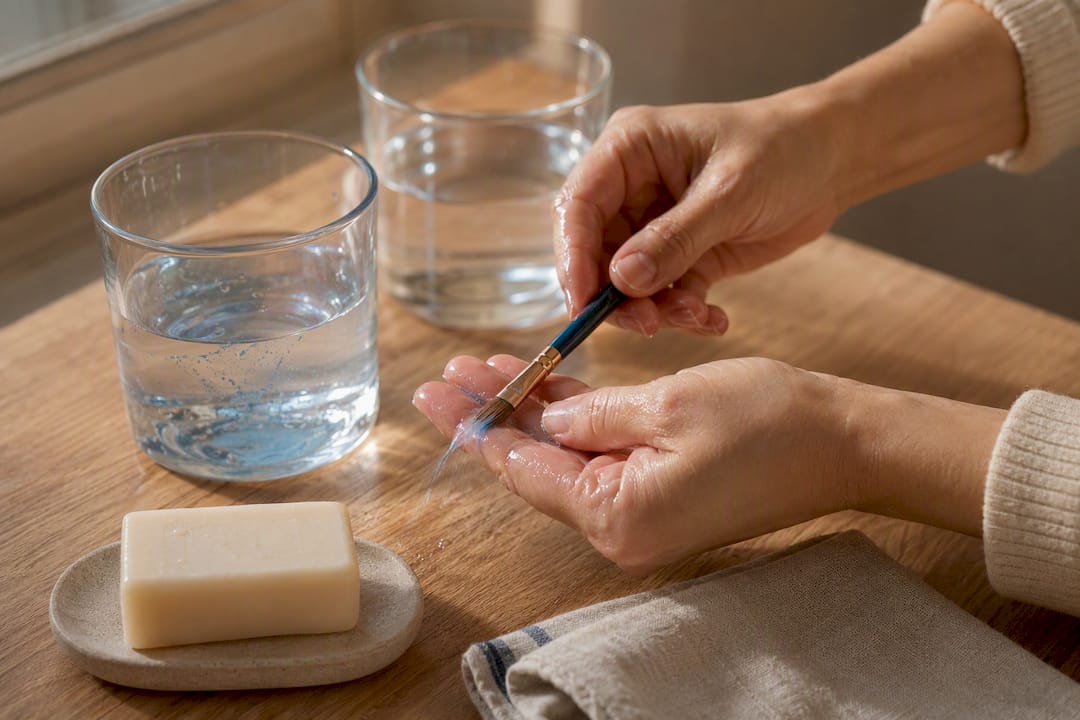 Hands cleaning and reshaping acrylic brush
