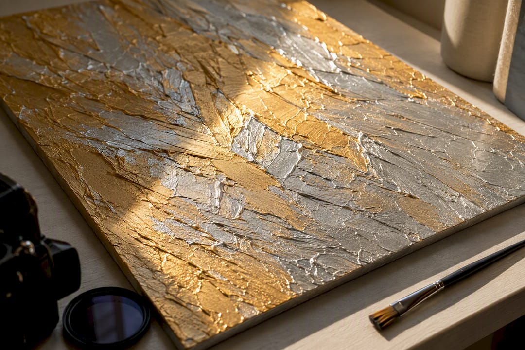 Raised metallic paint catching angled daylight
