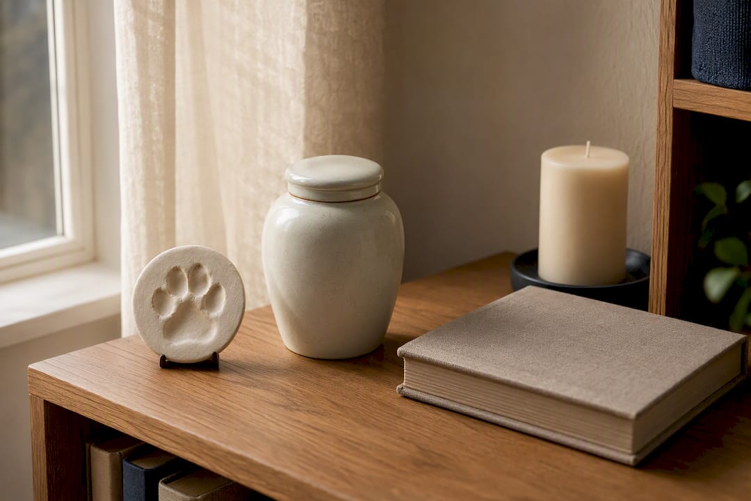 Paw print memorial keepsakes on shelf