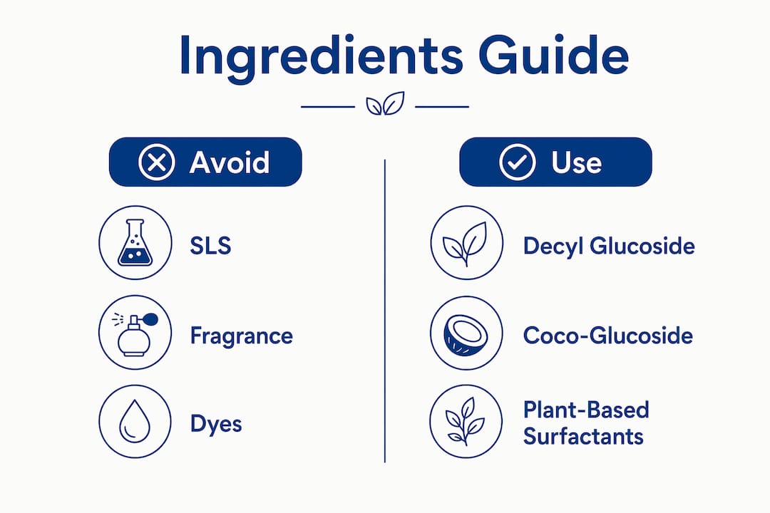 Infographic comparing good and bad detergent ingredients for sensitive skin