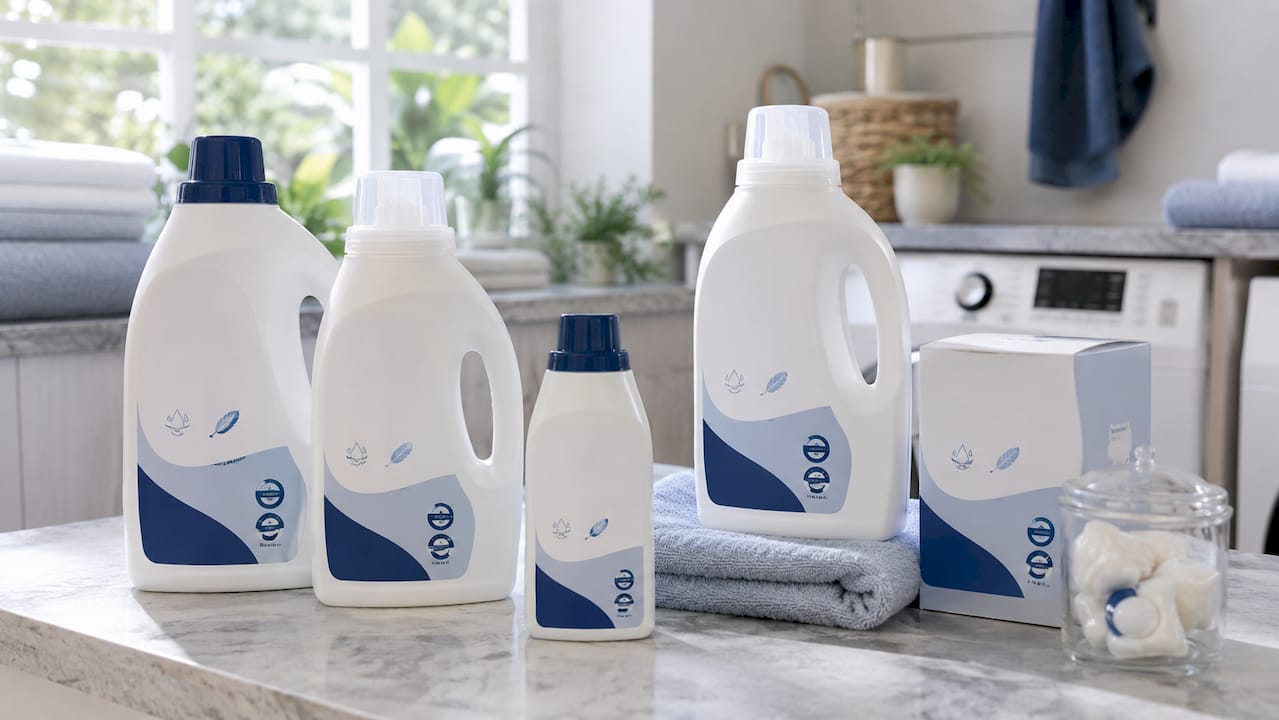 Detergent bottles with certification labels arranged