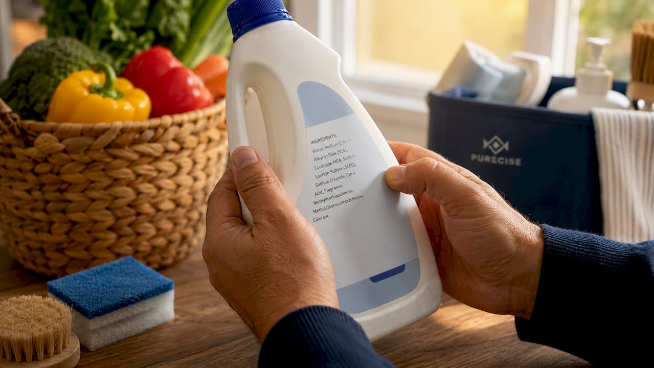 Close-up hands holding detergent bottle label