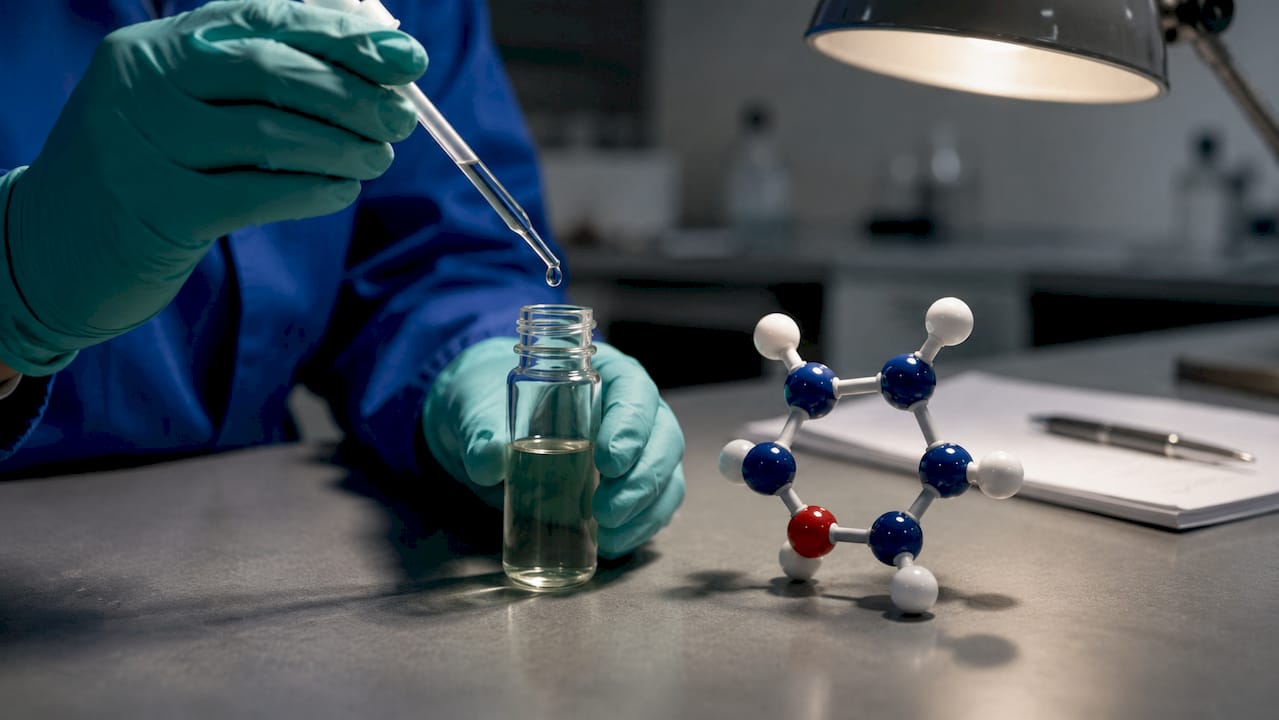 Close-up of lab beaker and 1,4-dioxane model