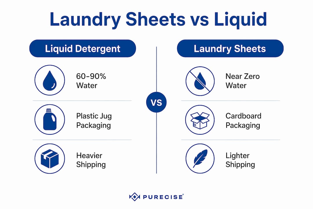 Comparison infographic of laundry sheets and liquid detergent environmental impact