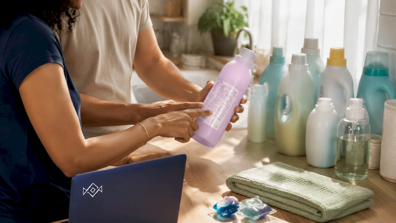 Hands examining detergent label on cluttered bathroom counter