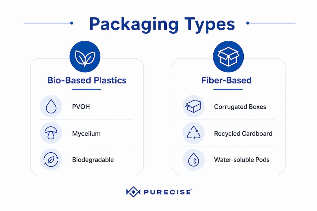 Infographic comparing bio-based plastics and fiber-based laundry packaging