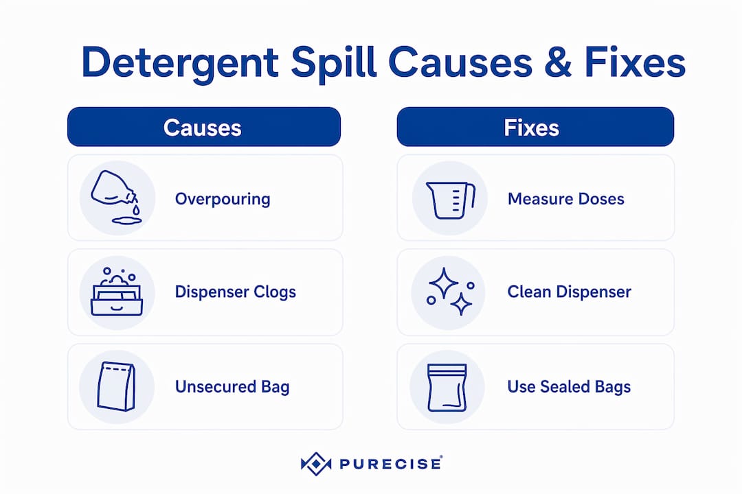 Infographic comparing causes and fixes for detergent spills