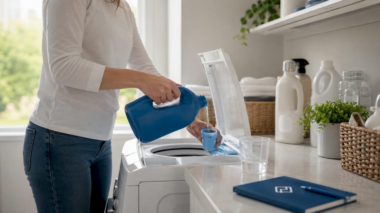 Hands pouring liquid detergent into washing machine dispenser