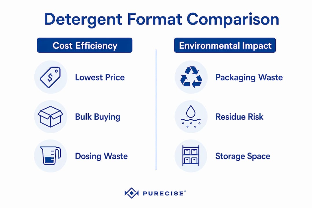 Infographic comparing cost efficiency and environmental impact of detergent formats