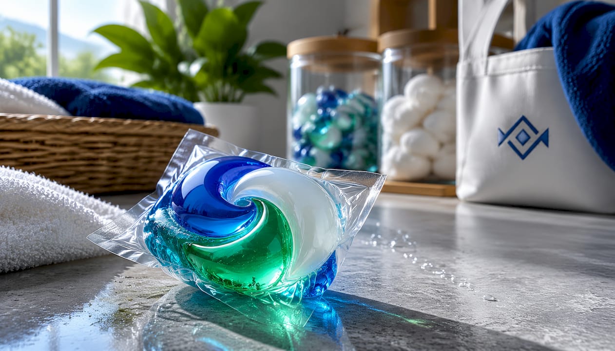 Close-up of colorful laundry detergent pod on sink
