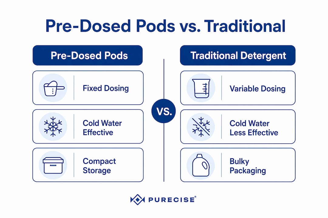 Infographic comparing pre-dosed pods and traditional detergent
