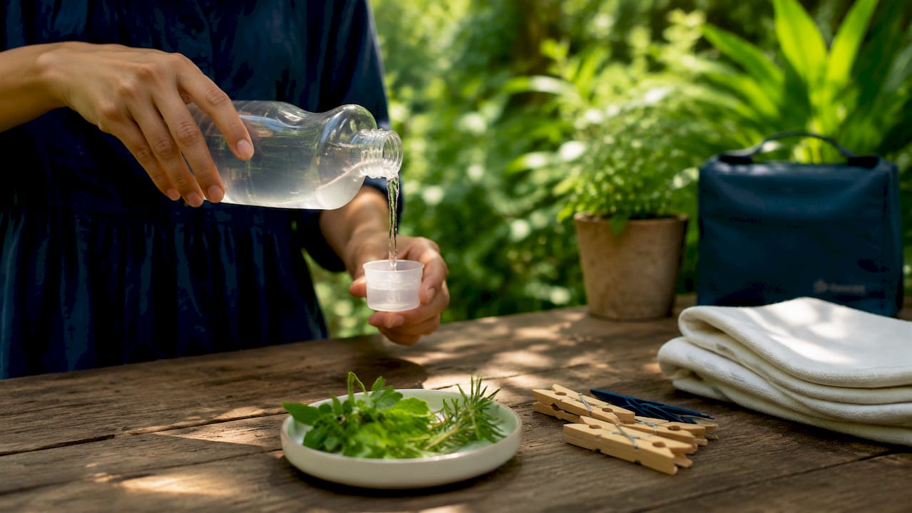Hands pouring clear dye-free detergent over sink