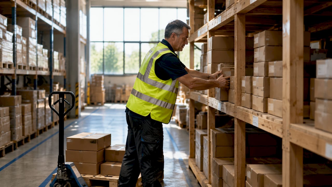 Warehouse worker stacking detergent sheet boxes