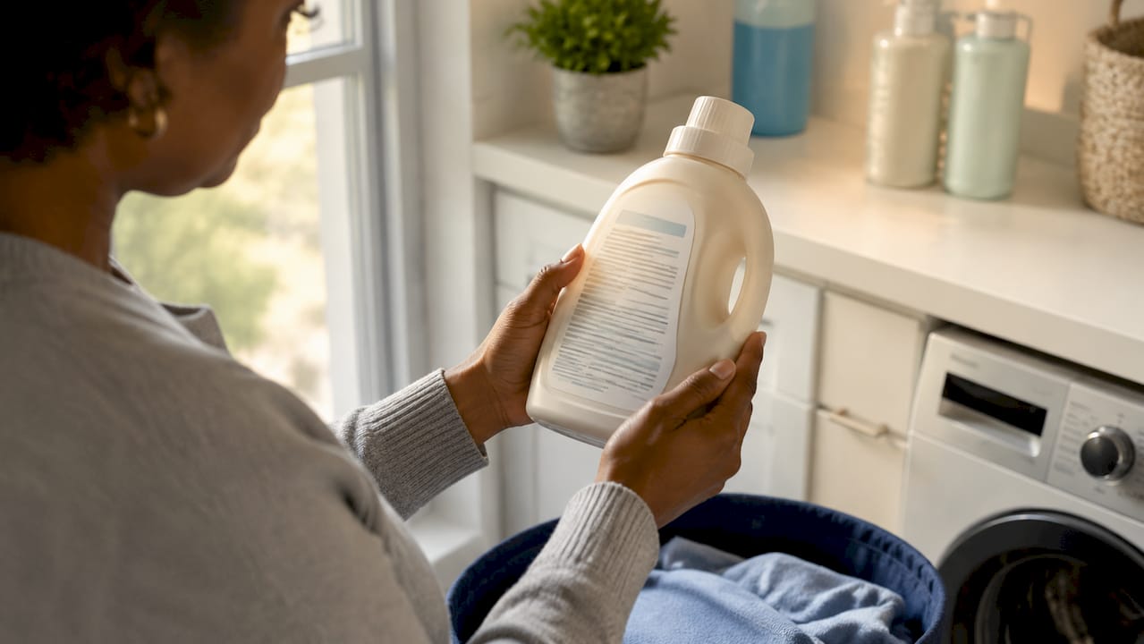 Close-up of hands reading detergent ingredient label