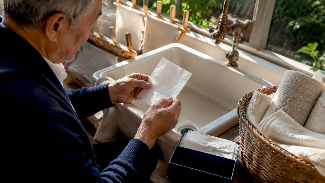 Hands holding eco laundry detergent sheet by sink