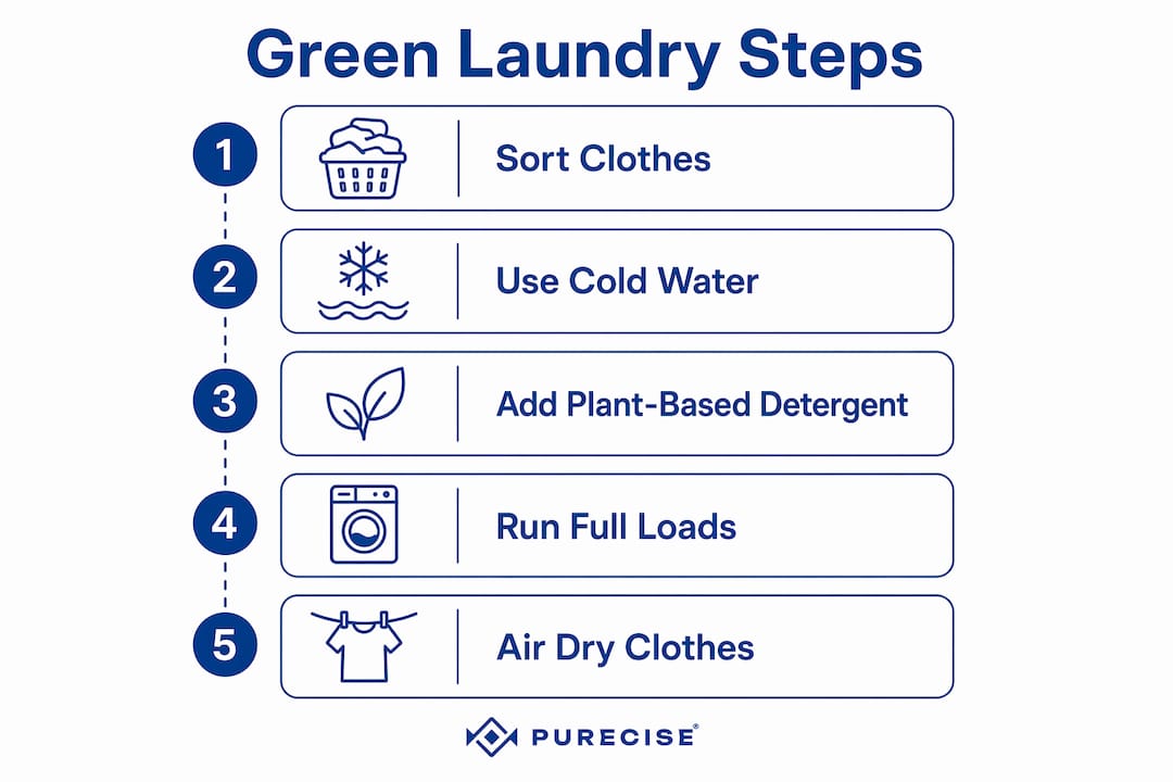 Infographic showing five eco-friendly laundry routine steps