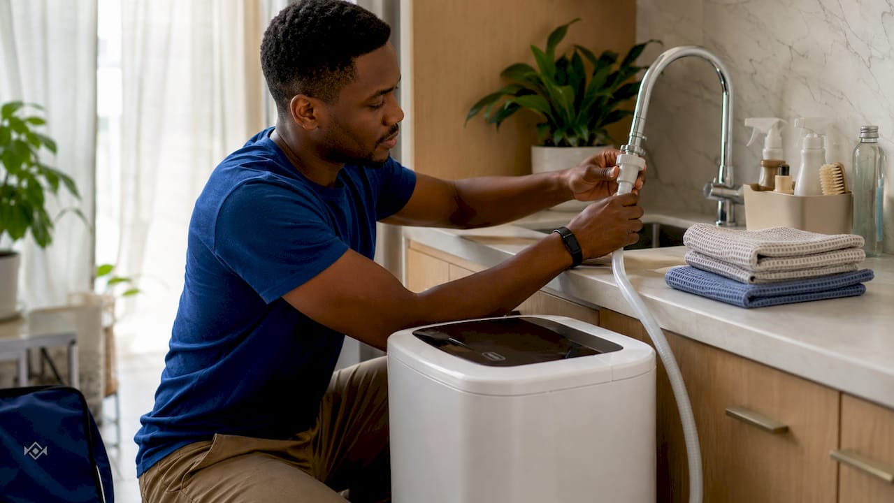 Man connecting portable washer to sink faucet