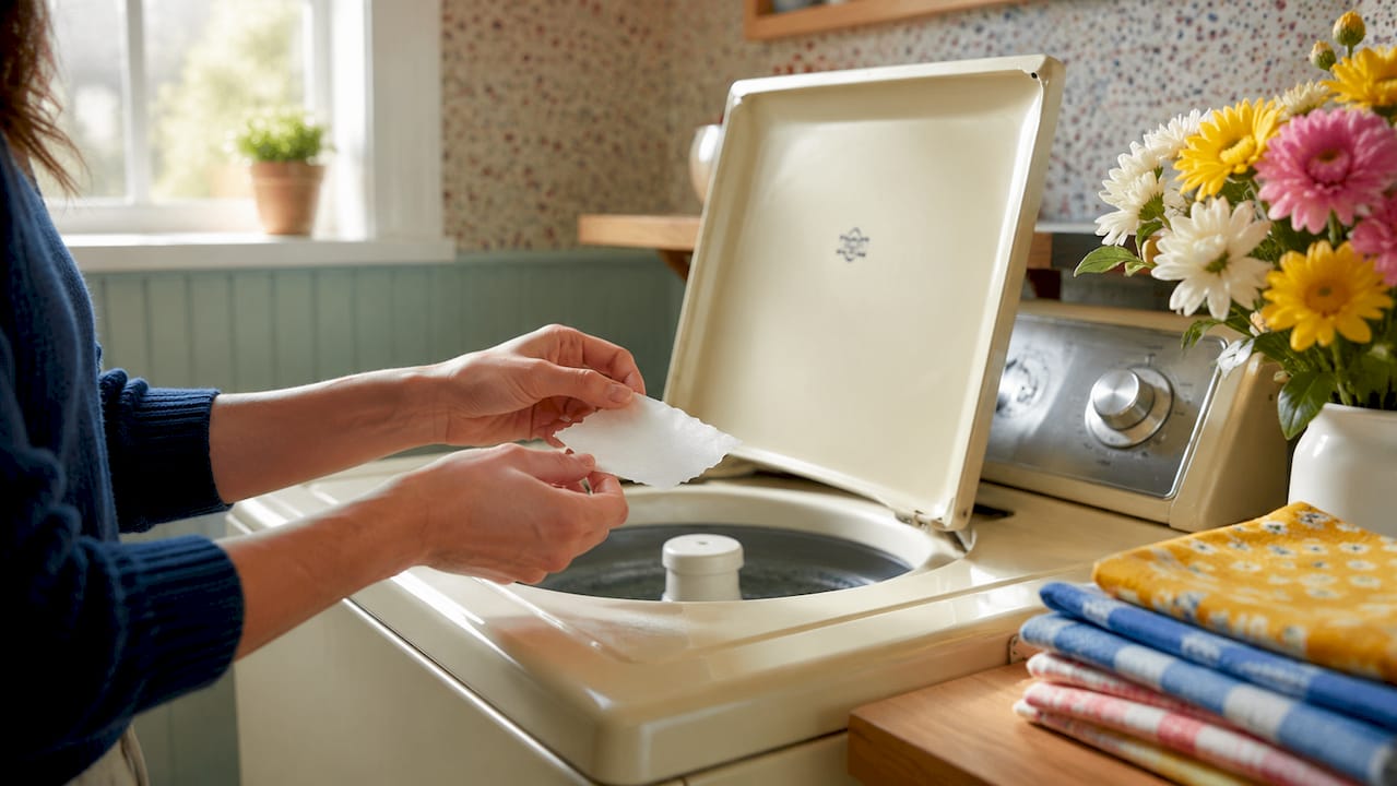 Hands placing detergent sheet in washing machine