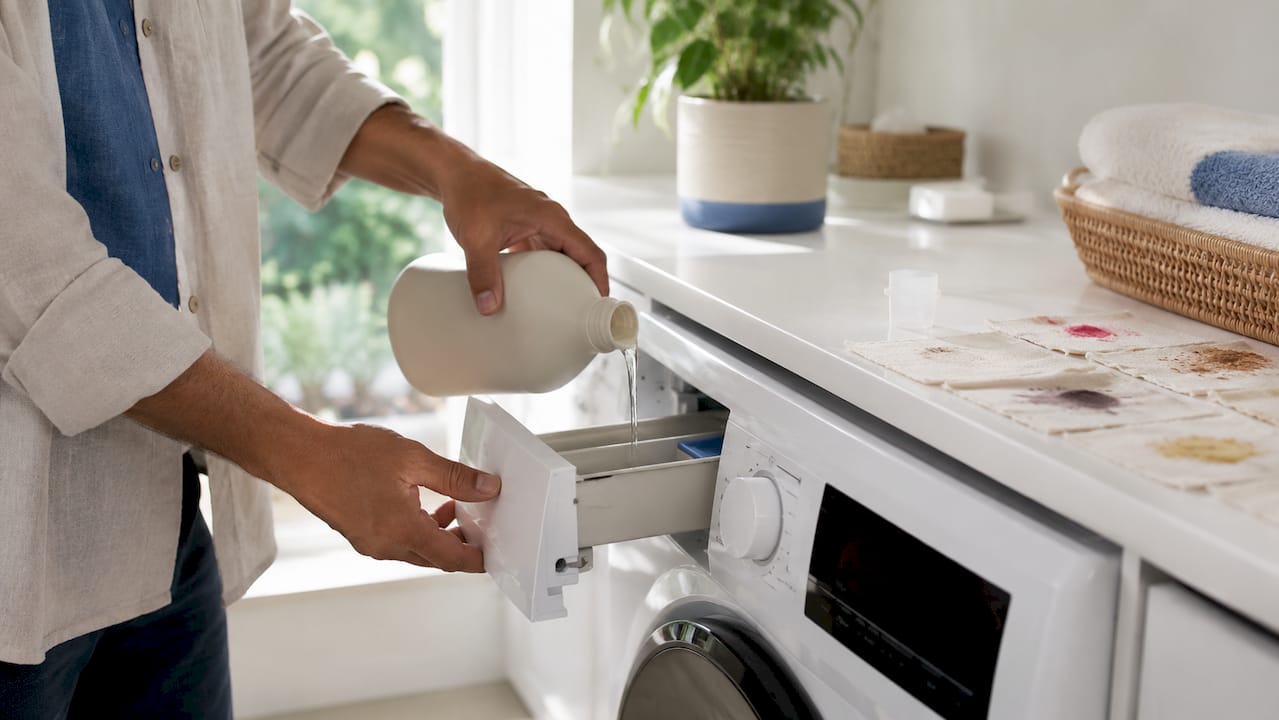 Hands pouring plant-based detergent for stain removal