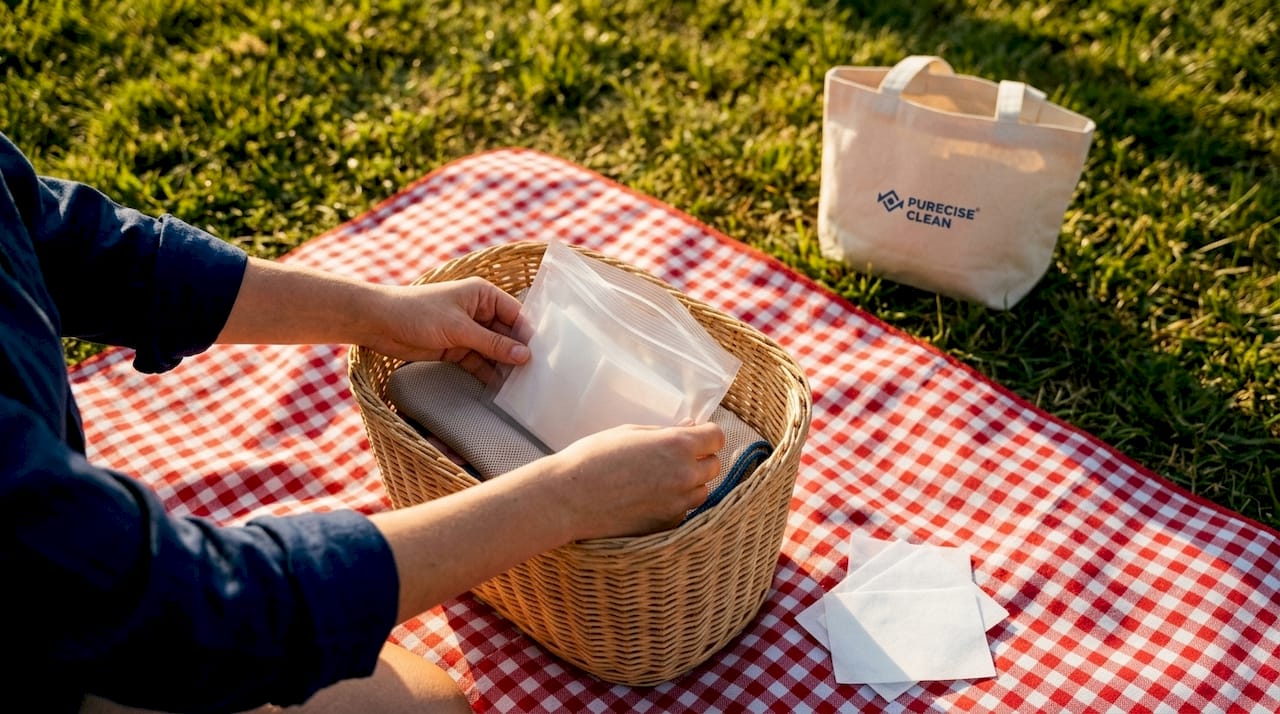 Hands packing travel detergent sheets and towel