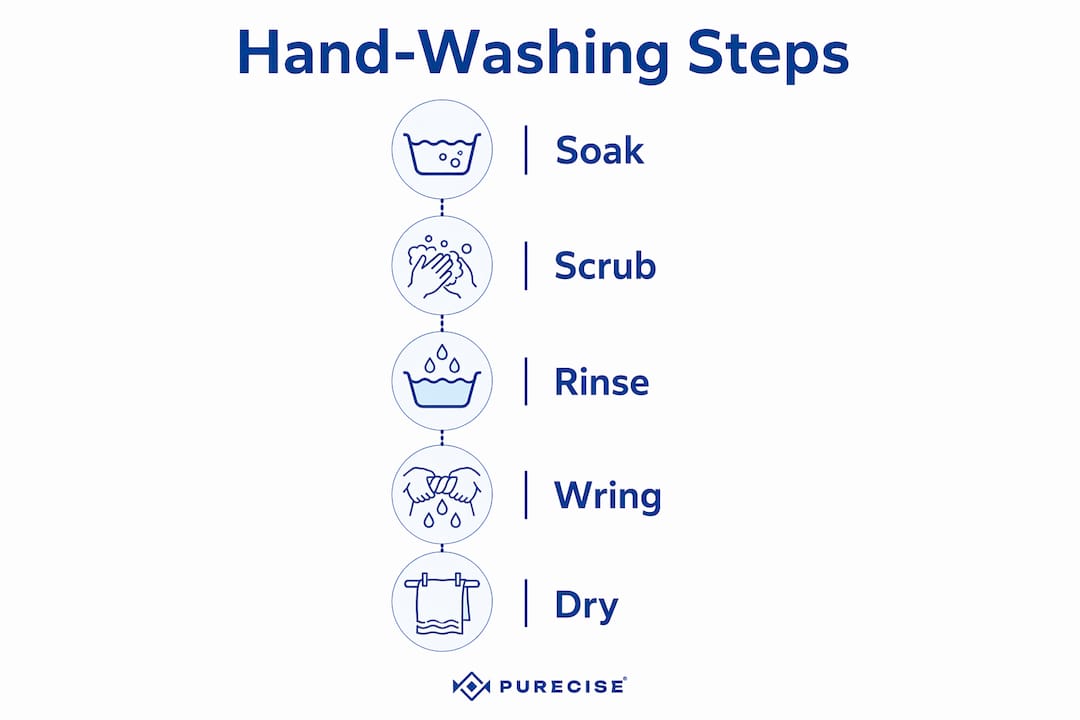 Infographic illustrating hand-washing clothes steps