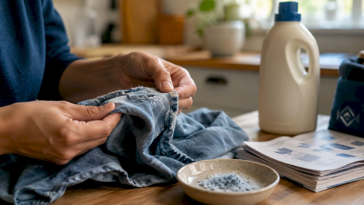 Hands inspecting worn cotton fabric fibers