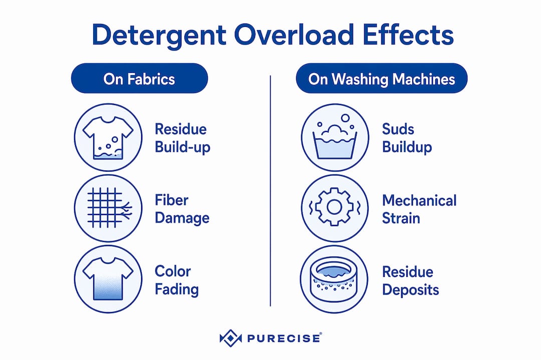 Infographic comparing detergent effects on fabrics and washing machines