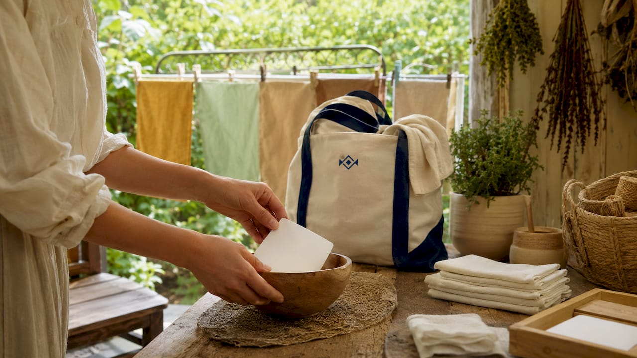 Hands with eco-friendly laundry detergent sheets near washing machine