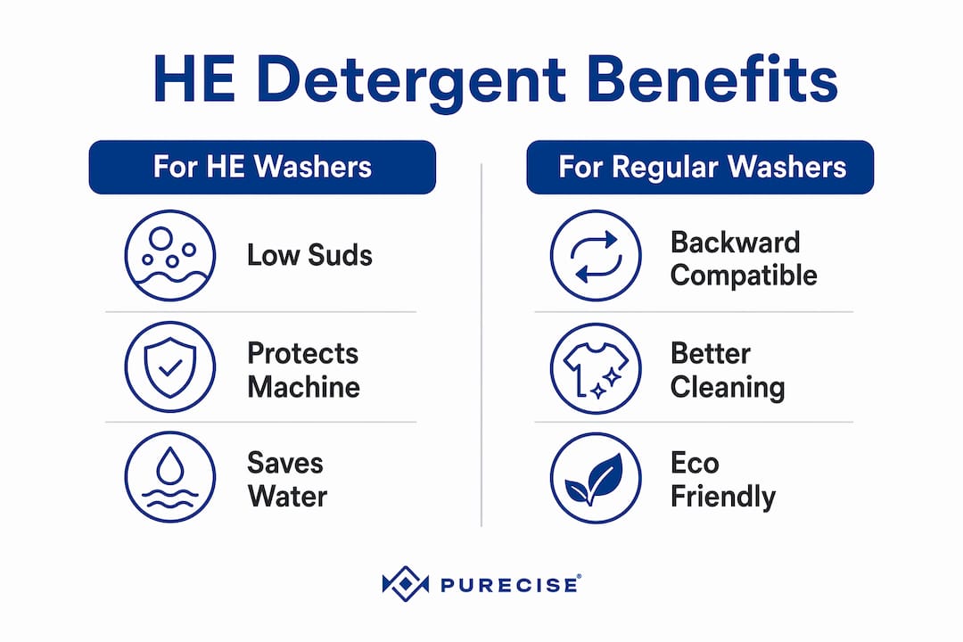Infographic comparing HE detergent benefits for washer types